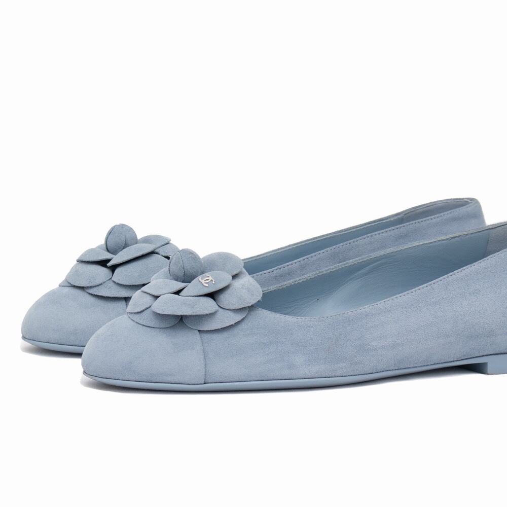 CHANEL 24P Suede Interlocking CC Camellia Cap Ballet Flats Blue Size 39 US 9 - Picture 6 of 16